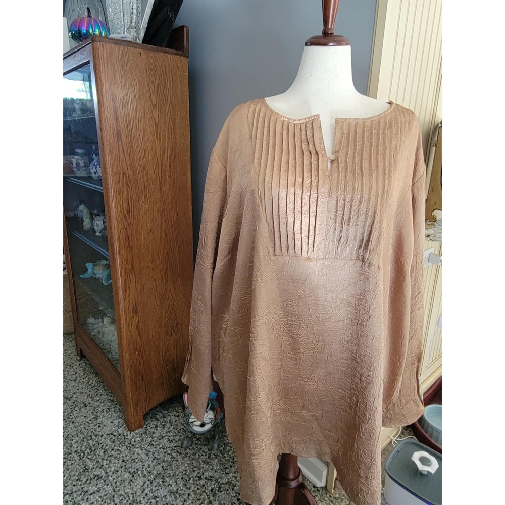 Rebecca Jones Women's Plus 5X Tunic Top Blouse Brown Pleated Long Sleeve